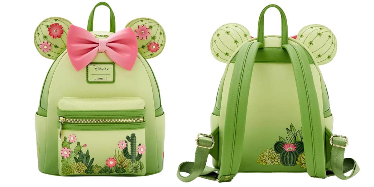A light green backpack with ears, adorned with a large pink bow on the front. Cactus and flower designs decorate the front and back. It has a front zippered pocket and a pair of adjustable straps.