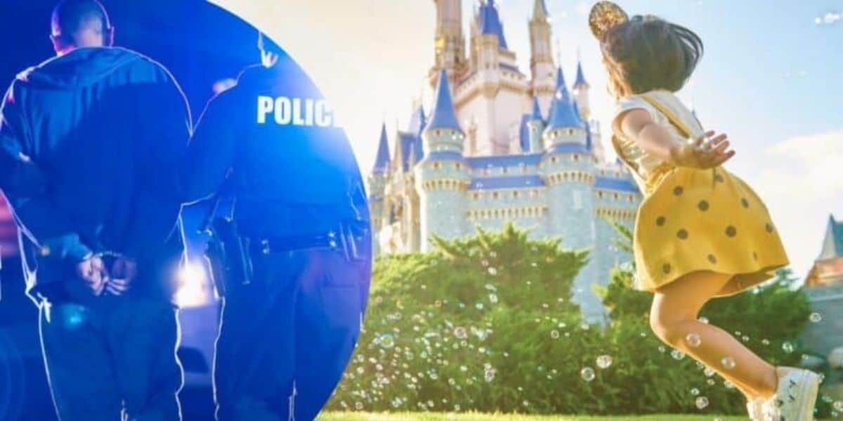 A composite image showing two contrasting scenes: on the left, a person in handcuffs being escorted by police; on the right, a child in a yellow dress joyfully jumping with bubbles in front of a fairytale castle.