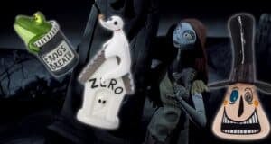 A surreal collage featuring a stuffed toy inside a jar labeled "Frog's Breath," a ceramic dog figurine with "Zero" on its house, a stitched doll-like character, and a whimsical face with a spiral eye on a tall hat. A dark, eerie background sets the mood.