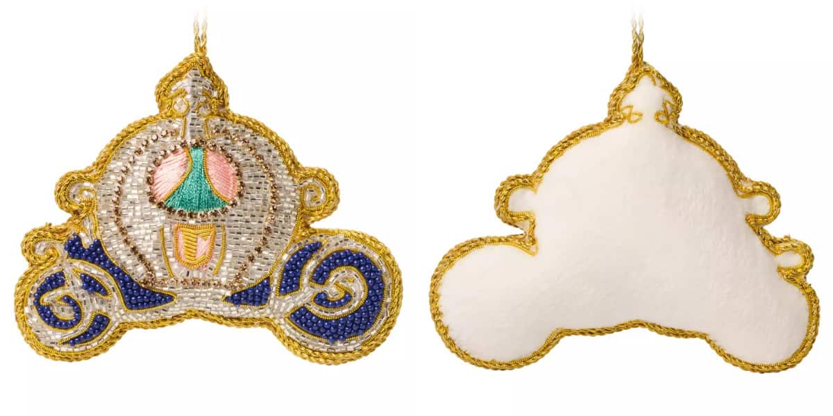 A gold and silver embroidered ornament with intricate patterns and a central multicolored design on the front, featuring blue and gold swirls. The back is plain white with a gold border. Both have gold hanging loops.