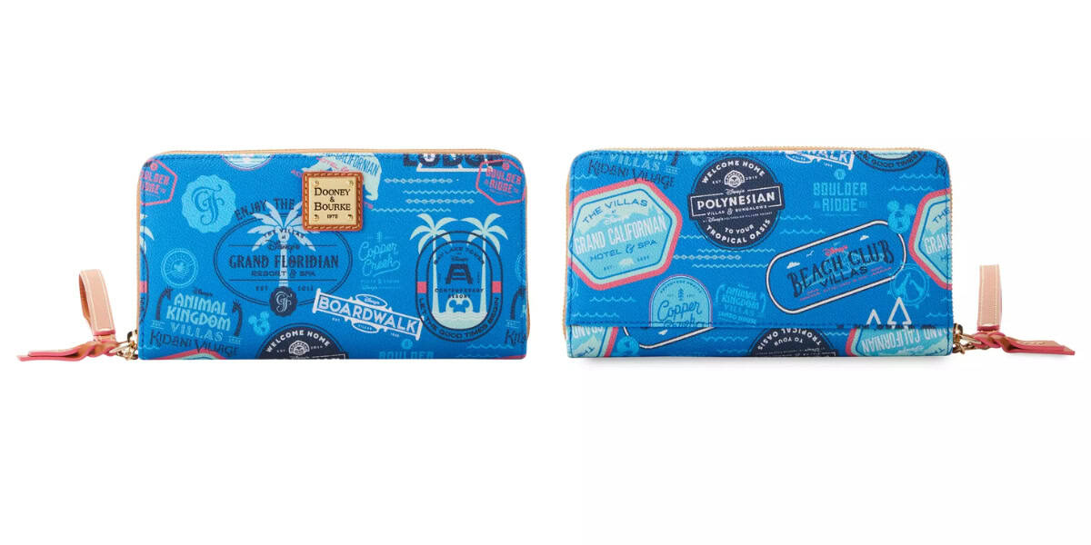 Two blue wallets with various travel-themed patches, including palm trees and stamps, against a white background. The wallets feature zippers and a label on one side.