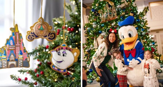 Left: Three Disney-themed Christmas ornaments including a castle, a carriage, and a teacup character. Right: A family with Mickey Mouse ear headbands poses with Donald Duck in front of a decorated Christmas tree.