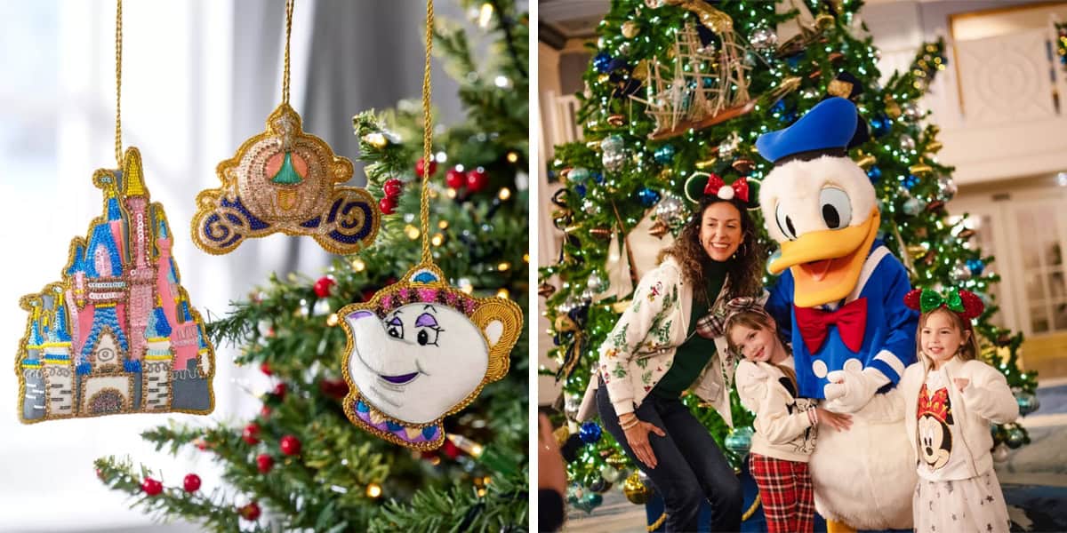 Left: Three Disney-themed Christmas ornaments including a castle, a carriage, and a teacup character. Right: A family with Mickey Mouse ear headbands poses with Donald Duck in front of a decorated Christmas tree.