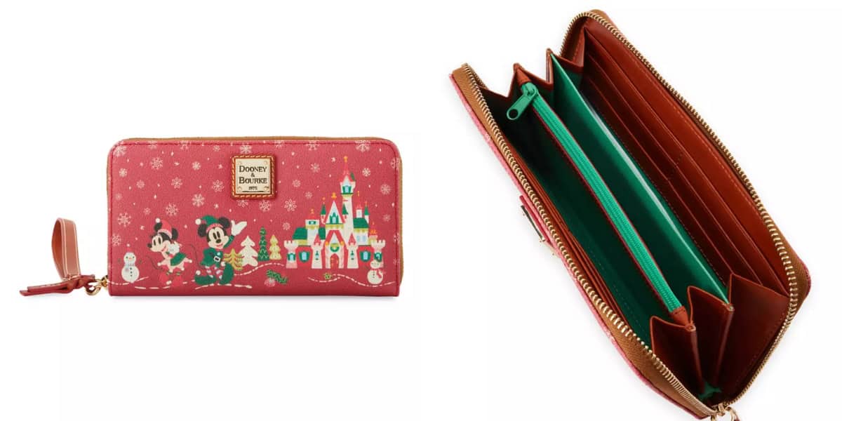 Red wallet featuring cartoon characters and a festive scene with a castle and snowmen on one side. The interior is shown on the right, displaying a spacious layout with multiple compartments and a zipper section.