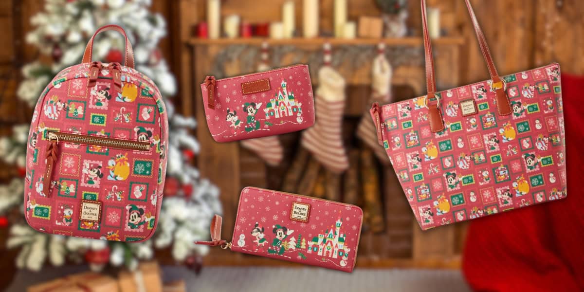 A festive scene with a red Disney-themed backpack, wallet, and tote bag featuring cartoon characters. Holiday decorations and a Christmas tree are in the blurred background, evoking a cozy and cheerful atmosphere.