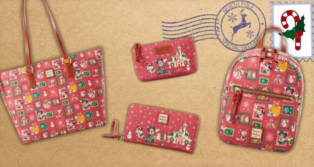 A collection of holiday-themed accessories on a postcard background, featuring a tote bag, wallet, pouch, and backpack adorned with festive patterns and characters. A North Pole stamp and candy cane are also printed in the postcard-style backdrop.