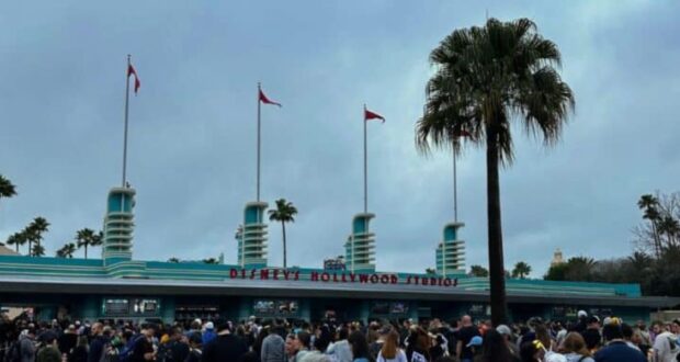 Crowd gathered outside the entrance of Disney's Hollywood Studios, with art deco architecture and palm trees. Three flags are flying, and the sky is overcast.