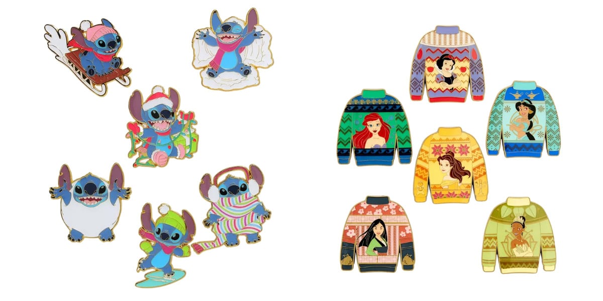 A collection of enamel pins featuring a blue alien character engaging in winter activities, like sledding and snowboarding, alongside colorful sweaters adorned with various princess designs.