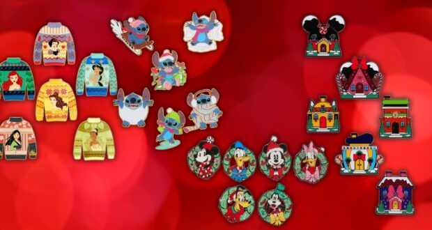 A collection of colorful enamel pins on a red background, featuring various holiday-themed designs, including cartoon characters in festive outfits, gingerbread houses, and decorative sweaters.