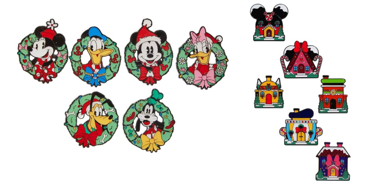 A collection of festive cartoon character pins wearing holiday-themed attire. On the right, small house-shaped pins featuring details like hats and bows. Each design is colorful and surrounded by decorative Christmas elements.