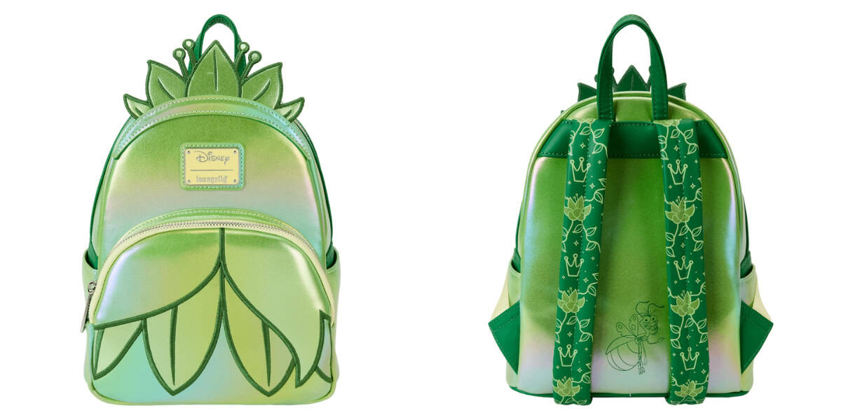 Two green Disney-themed backpacks are shown. The front backpack features a leaf design and a Disney logo. The back view shows straps with a floral pattern and a character silhouette. Both have a shiny, iridescent finish.