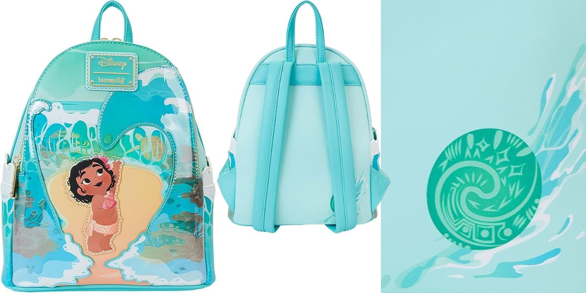 A colorful backpack featuring a young girl with flowers in her hair, dancing joyfully on a beach. The backpack is turquoise with decorative patterns. The back view shows solid turquoise straps, and there is a close-up of a wave and shell design.