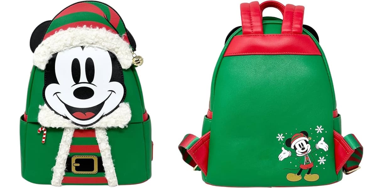 Front and back view of a Christmas-themed backpack. The front features a large face of a cartoon character in festive attire with a candy cane. The back is green with red straps and a small image of the same character surrounded by snowflakes.