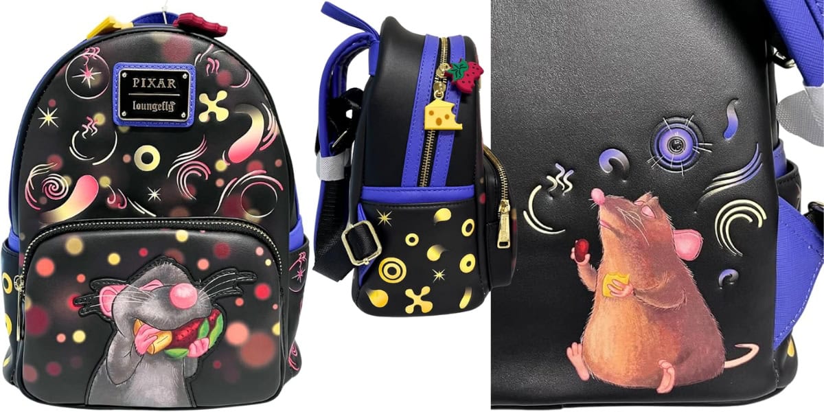 A black Pixar-themed backpack featuring a rat holding food, surrounded by colorful swirls and circles. The side shows a yellow cheese zipper pull and a blue border. The back view has another rat enjoying a snack.