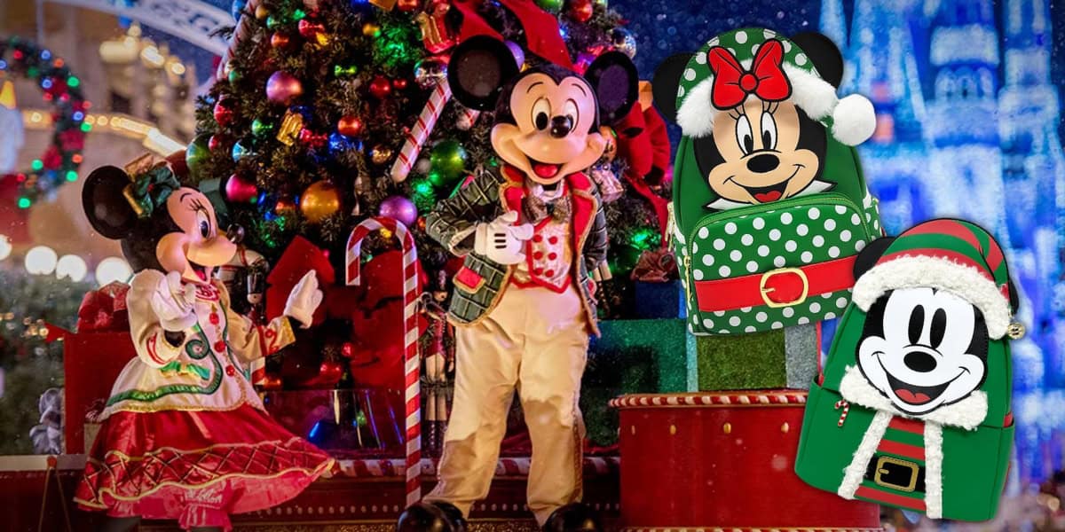 Mickey and Minnie Mouse in festive attire stand by a Christmas tree adorned with ornaments and lights. The background features holiday decorations.