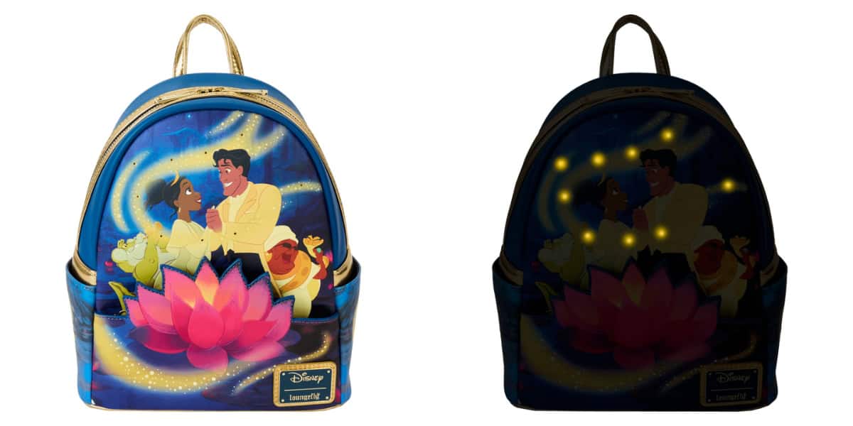Two backpacks featuring a Disney princess and prince surrounded by a large pink lotus and magical sparkles. The bags have a blue theme, with the left one brighter and the right one showing glowing lights in the dark.