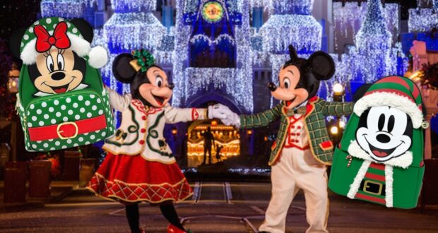 Minnie and Mickey Mouse dressed in festive holiday outfits stand in front of a beautifully lit castle. Two Christmas-themed backpacks featuring their faces are displayed on the sides. The scene is bright and cheerful.