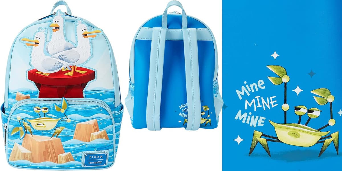 A children's backpack featuring animated seagulls on a wooden post against a blue ocean-themed background. The back is solid blue with a cartoon crab and the words "Mine Mine Mine." The crab is also depicted in a close-up view.