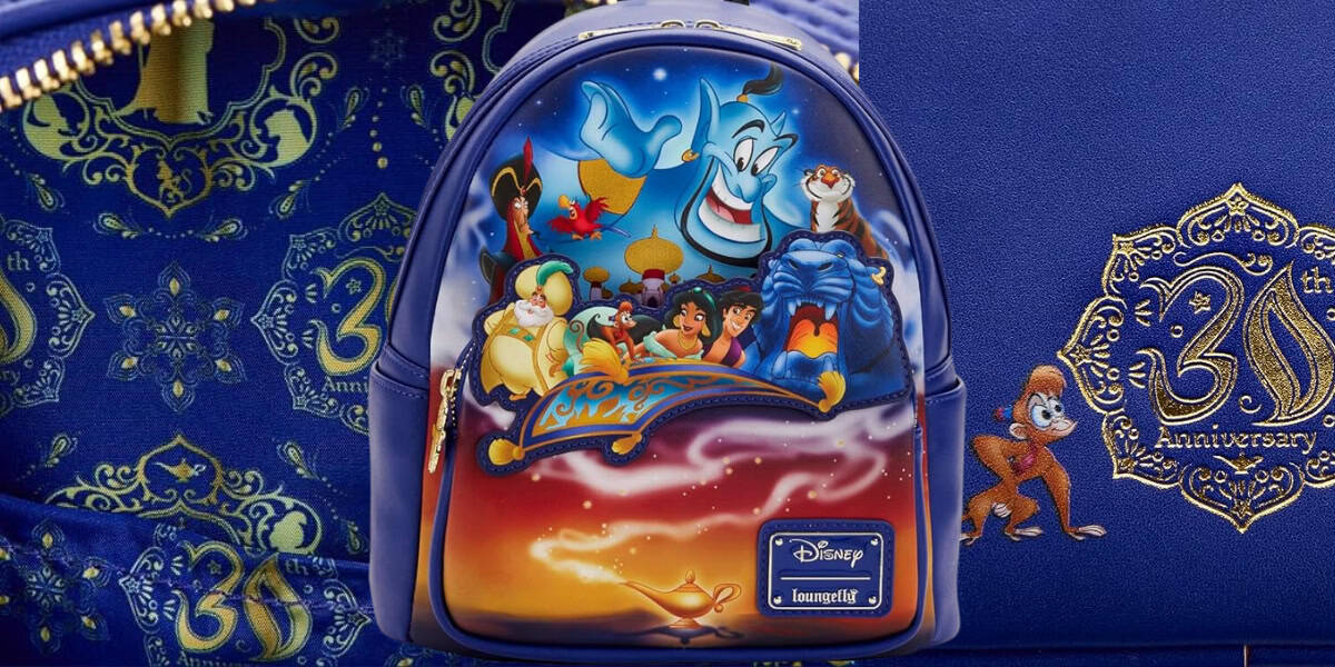 A colorful backpack featuring Aladdin-themed characters like Genie, Aladdin, Jasmine, and Abu is displayed against a blue and gold ornate background with a "30th Anniversary" design.