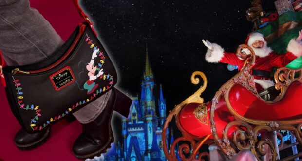A Santa figure waves from a colorful sleigh, set against a night sky backdrop with a castle. A close-up of a purse featuring a cartoon character and holiday lights is in the foreground.