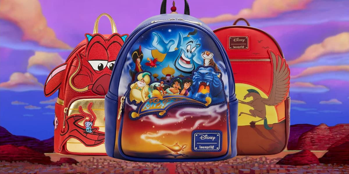 Three colorful Disney-themed backpacks are displayed: one with Aladdin characters on a blue background, another depicting Mulan on red, and a third featuring Lion King scenes, also in red. A scenic backdrop complements the designs.