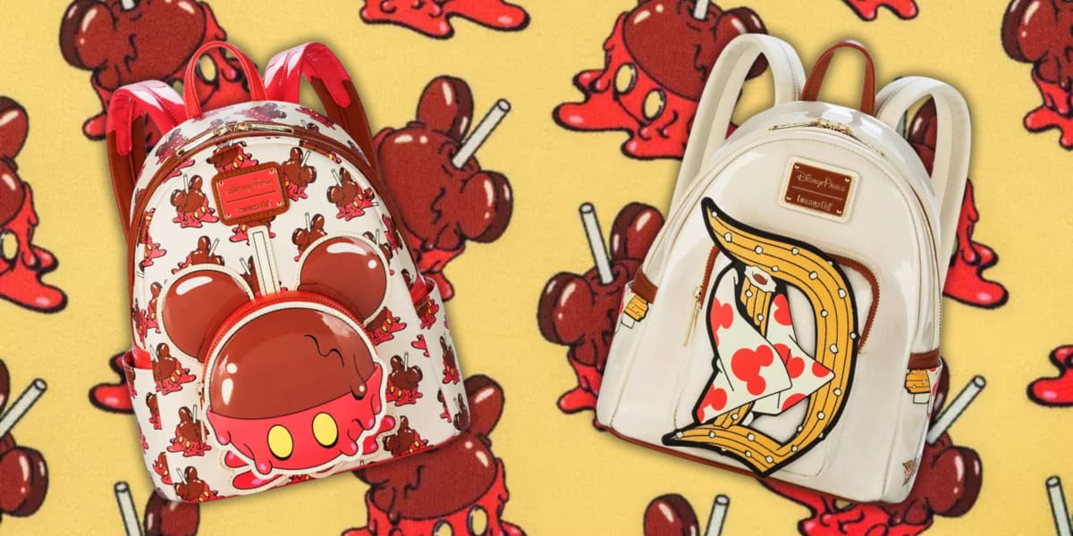 Two stylish backpacks with cartoon-themed designs. One features a mouse with red accents; the other has a banana peel design. Both are set against a background of cherries and red patterns.