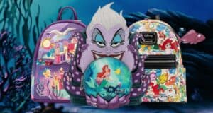 Three colorful backpacks featuring underwater and "The Little Mermaid" themes. The central bag has an Ursula design with Ariel in a globe, flanked by two other backpacks showcasing vibrant marine illustrations and characters.