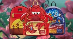 Three Disney-themed backpacks are displayed against a blurred floral background. The designs feature Mushu from "Mulan," Simba from "The Lion King," and Genie from "Aladdin," each with vibrant colors and detailed artwork.