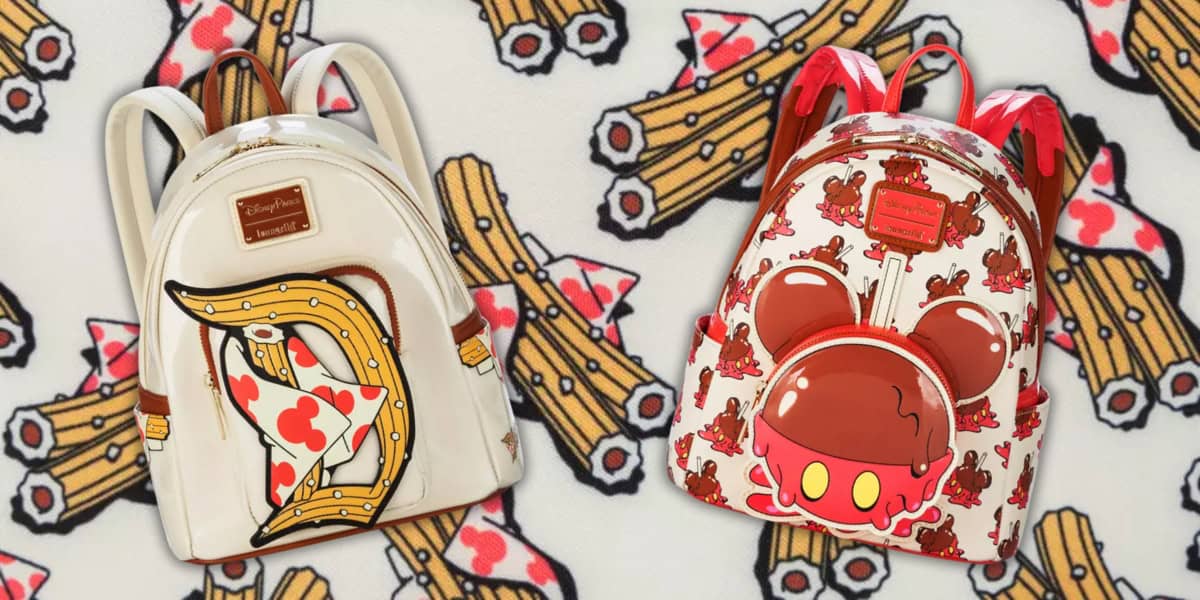 Two playful backpacks with Disney-themed designs. One features a bow and arrow motif, and the other showcases a Mickey Mouse head dripped in red. Both are set against a cartoon-style background of logs and arrows.