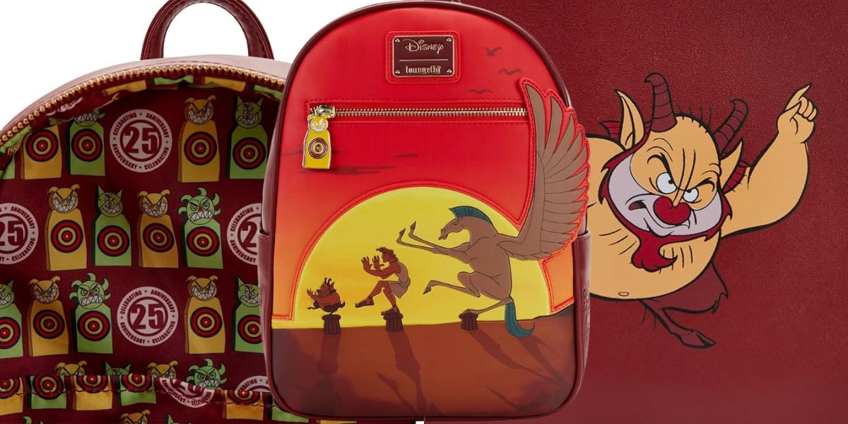 A vibrant backpack featuring Disney characters on a sunset background. The design includes horned and winged creatures in silhouette, with an interior lining showing various character faces and symbols, celebrating the 25th anniversary.