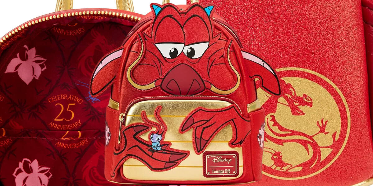 A red and gold Disney backpack features a cartoon dragon design with prominent eyes and a small figure. The background showcases a larger red bag with floral and dragon motifs and a "25th Anniversary" inscription.