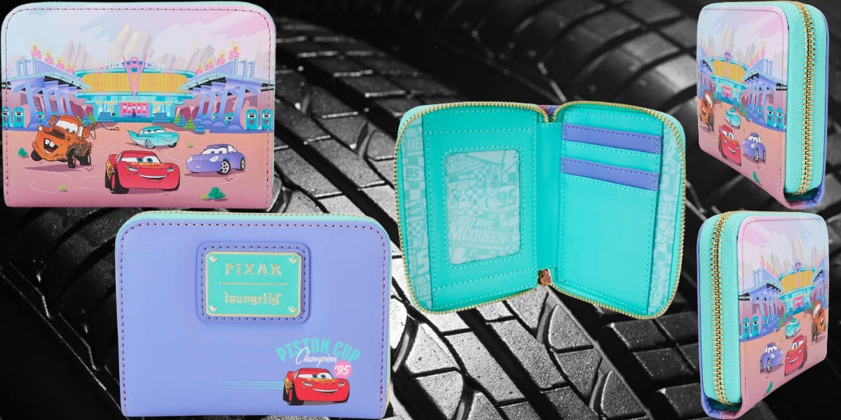 A wallet featuring a "Cars" theme from Pixar is displayed. It shows characters in a race setting, with a colorful background. The interior has card slots and is turquoise. The wallet is placed against a tire background for contrast.