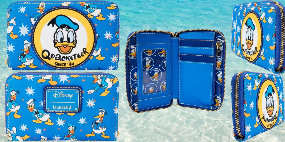 A vibrant blue wallet featuring Donald Duck-themed designs, including "Quacketeer" and "Disney Loungefly" branding. It showcases multiple pockets and zippers on a playful background with illustrations of Donald Duck.