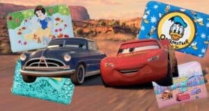 Two animated cars speed down a desert road. Overlaying the scene are colorful pouches featuring cartoon characters: a princess, a duck, and more cars from the same animation style.
