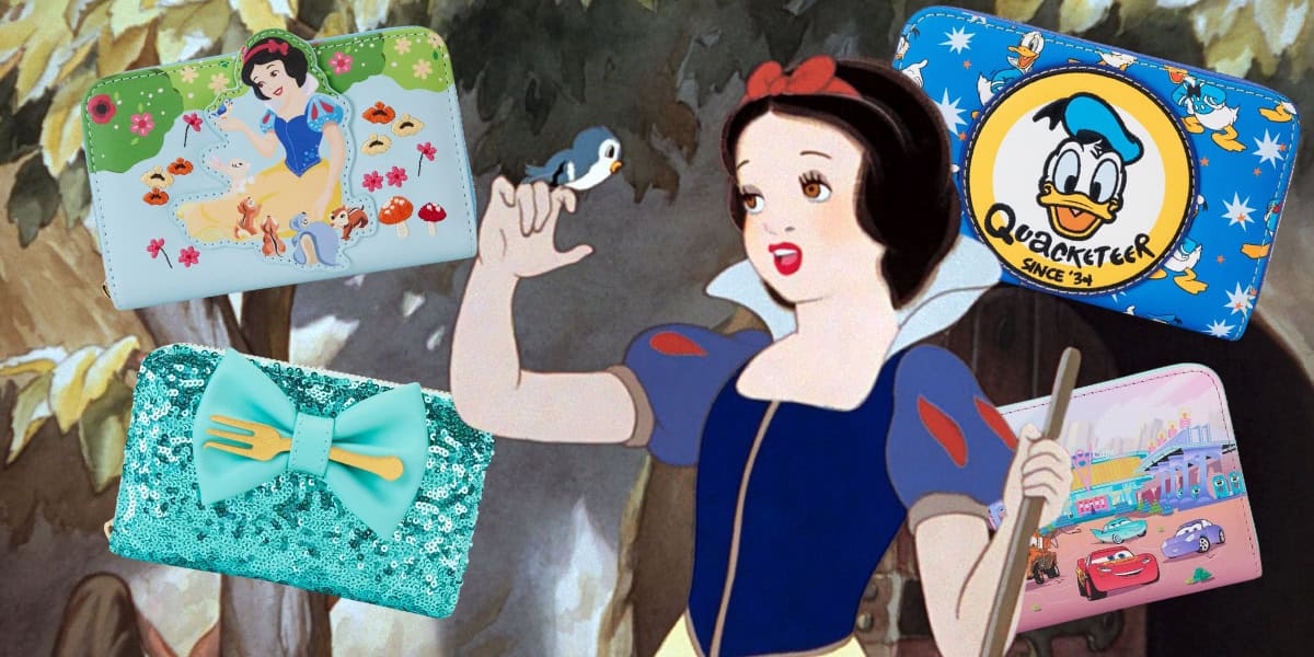 An animated character in a dress with short puffed sleeves admires a small bird. Surrounding her are colorful wallets featuring designs with a princess, a duck character, a sequin bow, and characters from a car-themed animated movie.