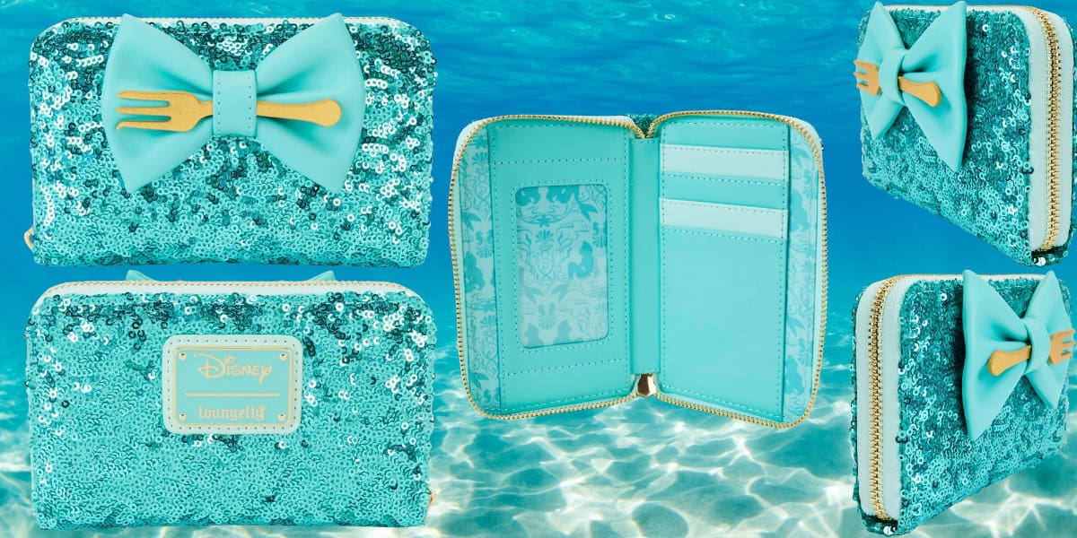 A turquoise, sequin-covered wallet inspired by Disney, featuring a fork emblem and a bow. The wallet, open and closed, displays multiple card slots and a license holder. It floats against an underwater backdrop, highlighting its aquatic theme.