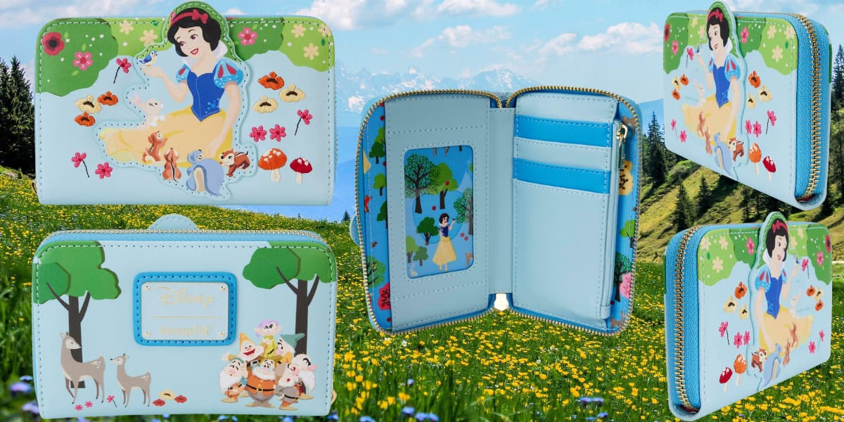 A blue wallet featuring colorful illustrations of a fairy tale princess with animals and dwarfs. The wallet is open, showing compartments for cards. It is set against a scenic background of a grassy hillside and mountains under a blue sky.