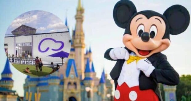 A person in a Mickey Mouse costume poses in front of a castle. Inset: A small building with a purple logo and people sitting on a grassy area nearby.