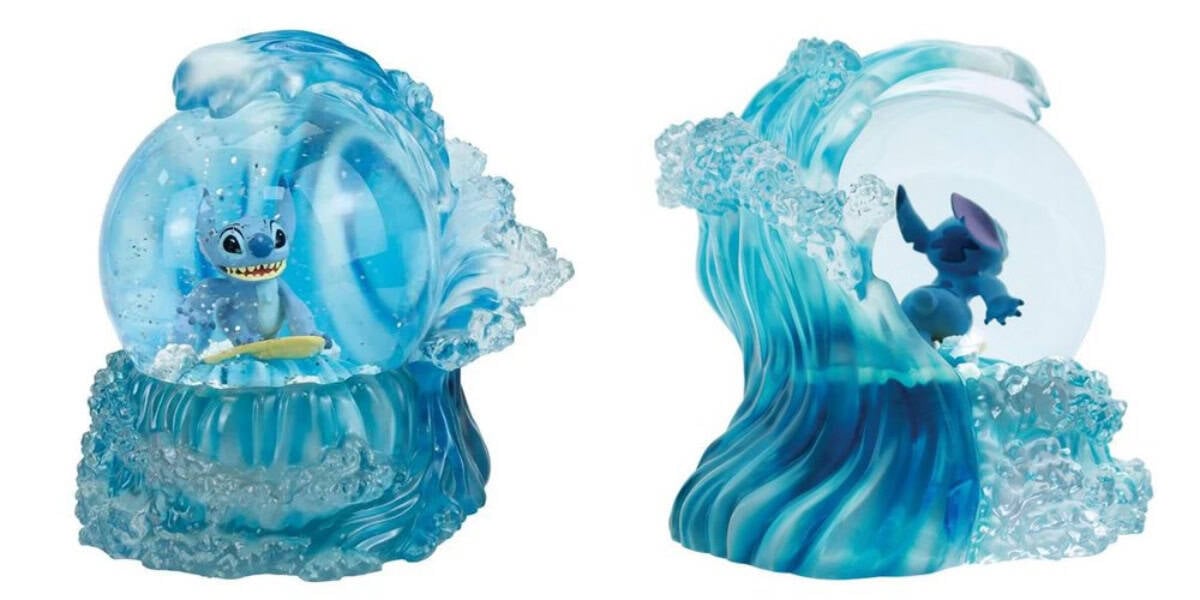 Two views of a St**ch-themed snow globe with a vibrant blue wave design. The front shows the character surfing inside, while the back displays the wave's intricate details, creating a dynamic ocean scene in both perspectives.