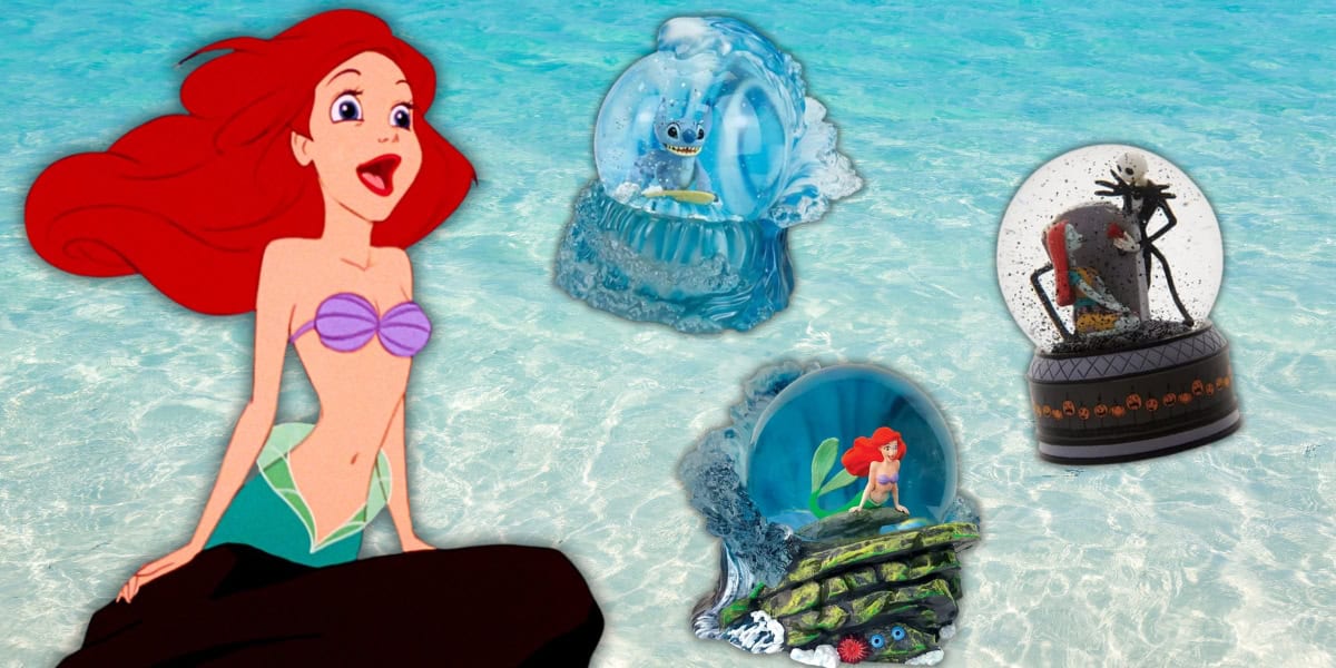A red-haired mermaid with a purple seashell top sits by the sea. Nearby, there are three water globes: one with a blue alien, another with a similar mermaid underwater, and the third with a dark, ominous figure inside.