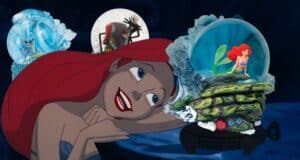Illustration of a red-haired mermaid looking dreamily at a collection of themed snow globes. Each globe features iconic scenes, such as a blue creature surfing on water and a red-haired mermaid on a rocky outcrop.