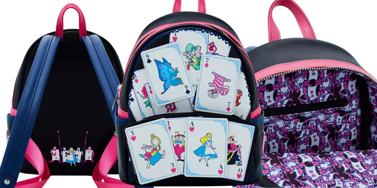 Three backpacks feature an Alice in Wonderland theme. One is open, displaying playing cards inside, with designs of Alice and other characters. The interior lining has a repeated pattern of Alice-themed illustrations.