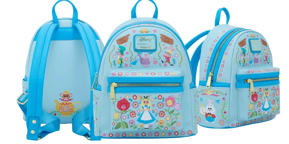 Three light blue backpacks with Disney-themed designs. The front shows colorful characters and floral patterns, including Alice, the White Rabbit, and the Mad Hatter's hat. The sides and back feature additional whimsical illustrations and a Disney logo.
