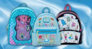 Three colorful backpacks with Alice in Wonderland themes displayed on a silky blue background. Designs feature Alice falling, floral patterns with Alice, and playing cards with characters. Each backpack has different vibrant accents and illustrations.