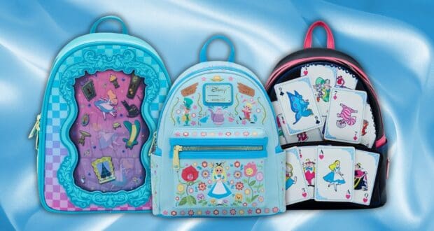 Three colorful backpacks with Alice in Wonderland themes displayed on a silky blue background. Designs feature Alice falling, floral patterns with Alice, and playing cards with characters. Each backpack has different vibrant accents and illustrations.