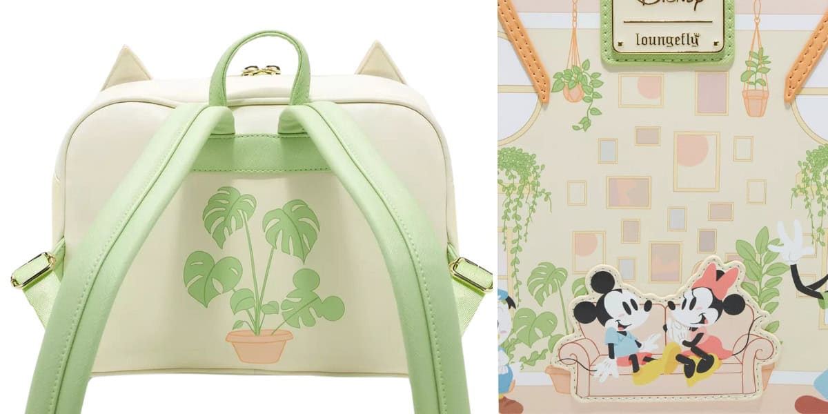 Two images of a Disney-themed loungefly bag. The front features Mickey and Minnie Mouse sitting on a sofa with plants and a window in the background. The back shows a plant design. The bag has light green straps and a Disney logo on top.