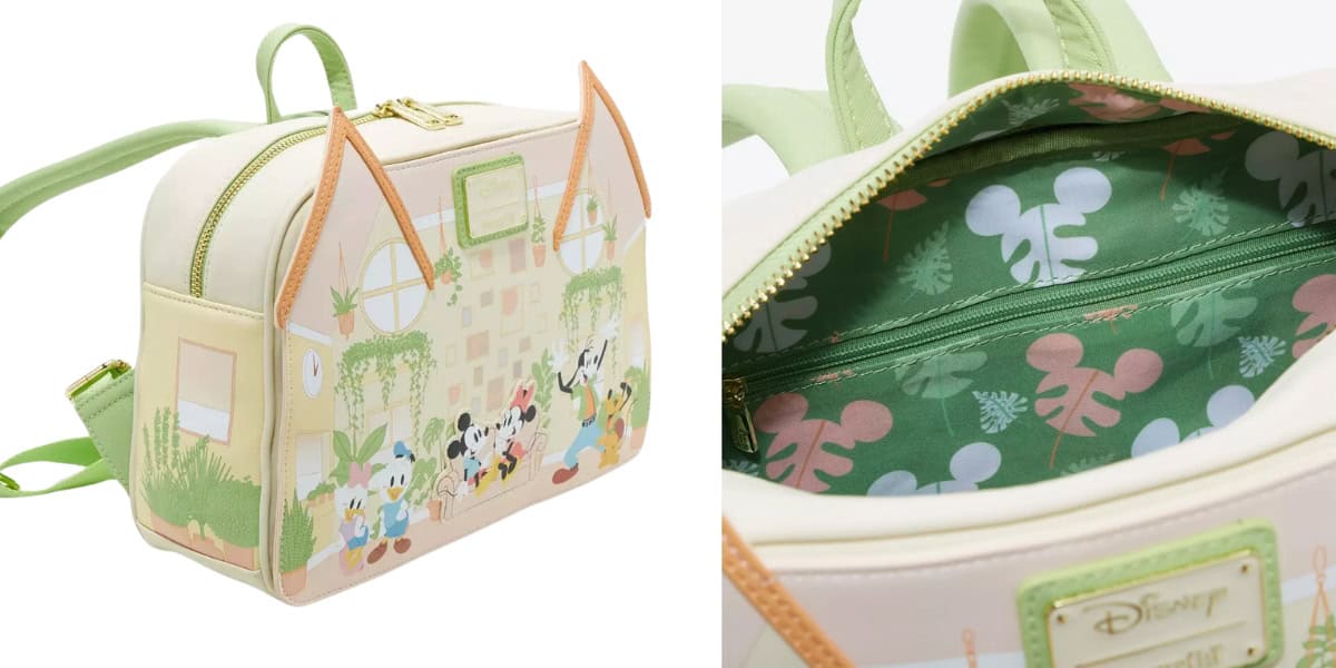 A cream-colored Disney-themed bag with green straps and a zipper. The design features Mickey Mouse and friends in a garden scene. The interior is lined with a green fabric patterned with abstract Mickey motifs.