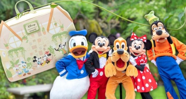 Five cartoon characters posing together outdoors. Next to them is a travel bag featuring a similar design with the characters illustrated on it. The background is lush and green, complementing the playful scene.