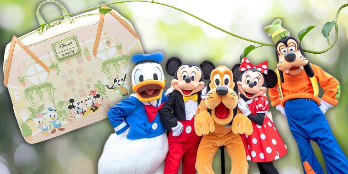 A group of classic cartoon characters, including a duck in a blue sailor suit, a mouse in red shorts and a yellow bow tie, a mouse in a red polka dot dress, a dog in orange, and a dog in green suspenders, pose with a Disney-themed suitcase.