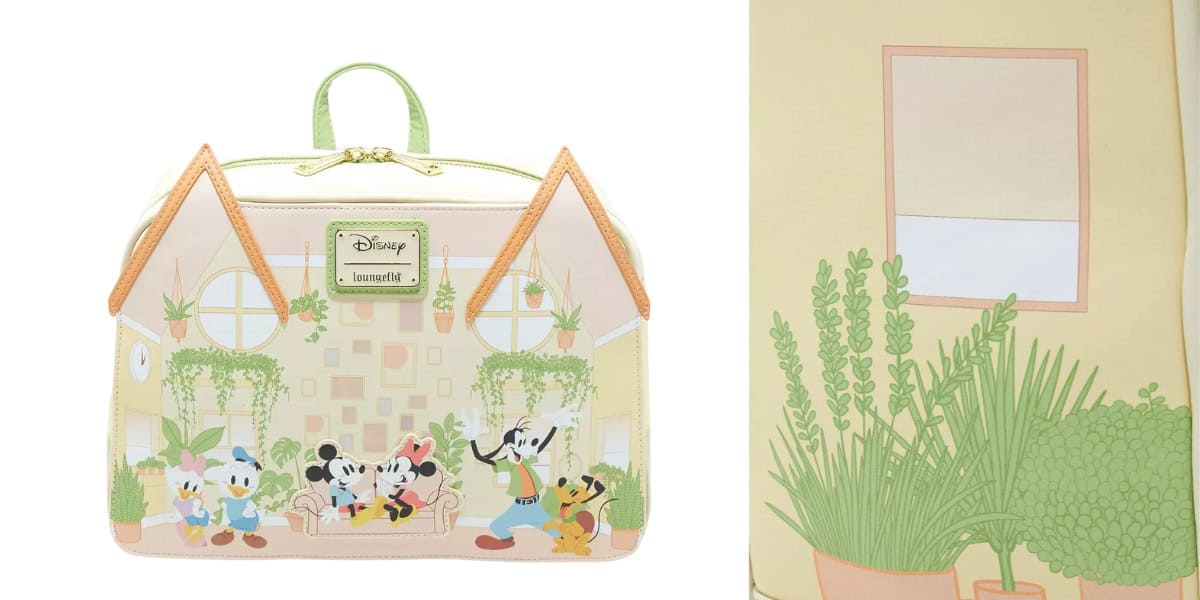 A Disney-themed backpack features Mickey Mouse and friends in a cozy, plant-filled room. The bag is designed to resemble a small house, complete with orange accents and a green handle. A close-up shows a lush indoor plant design on the side.